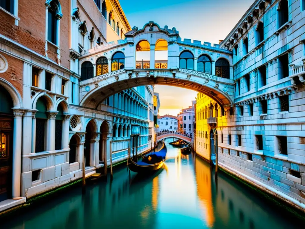 El icónico Puente de los Suspiros en Venecia, Italia, bañado por la cálido atardecer, revela su encanto histórico y romántico