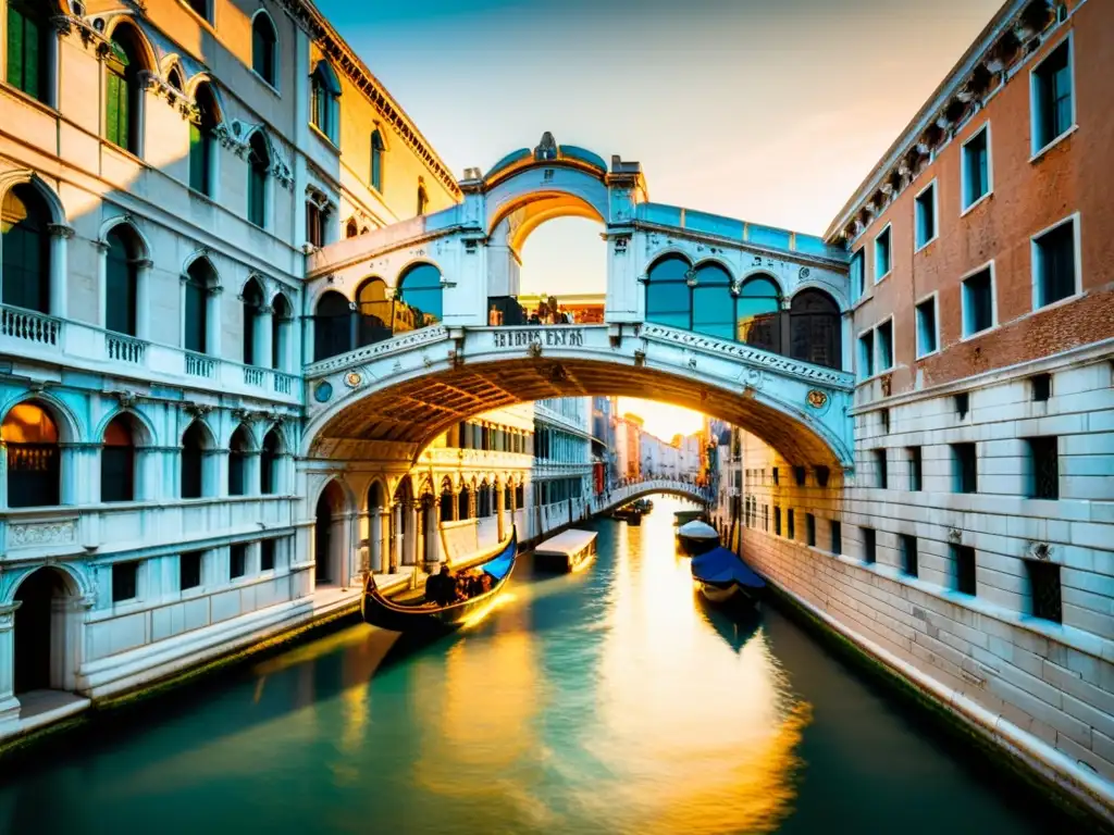 El icónico Puente de los Suspiros en Venecia, Italia, bañado por la cálido luz dorada del atardecer