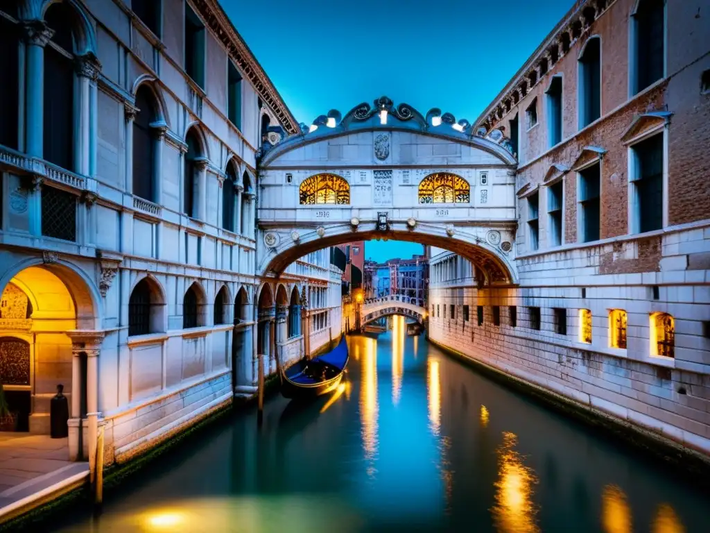El icónico Puente de los Suspiros de Venecia, con sus detallados arcos de piedra y el romántico ambiente del canal