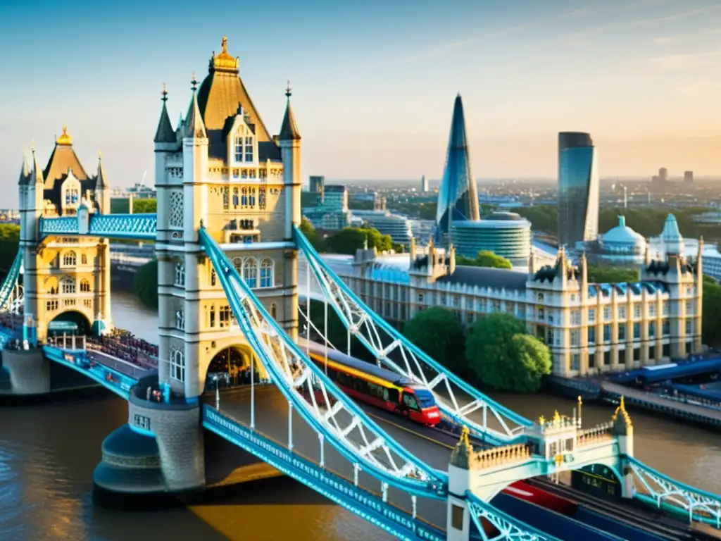 El icónico Puente de la Torre en Londres, bañado por la cálida luz dorada, destaca su impacto sociocultural en la ciudad