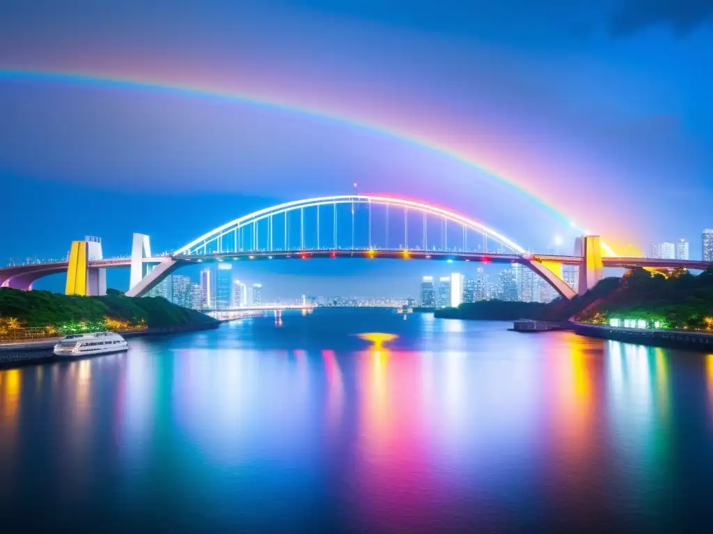 El icónico Rainbow Bridge de Tokio brilla con luces de arcoíris sobre la bahía, fusionando innovación y tradición en la ciudad