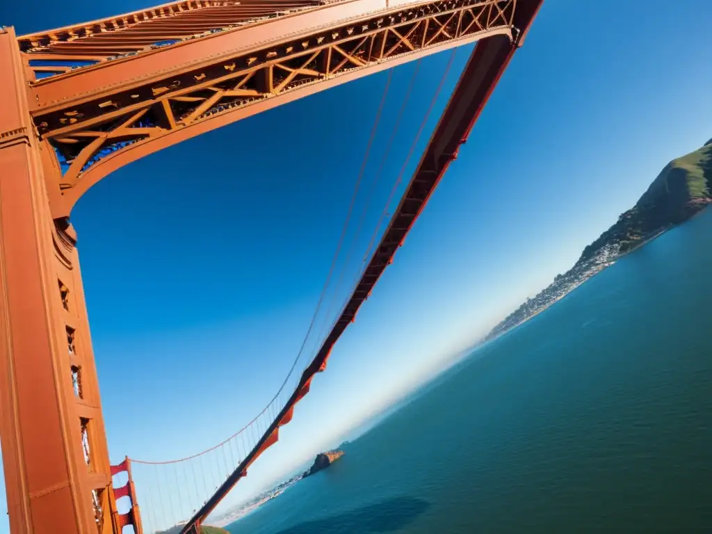 El icónico puente Golden Gate de San Francisco se destaca en rojo anaranjado sobre la ciudad y la bahía, mostrando su arquitectura única