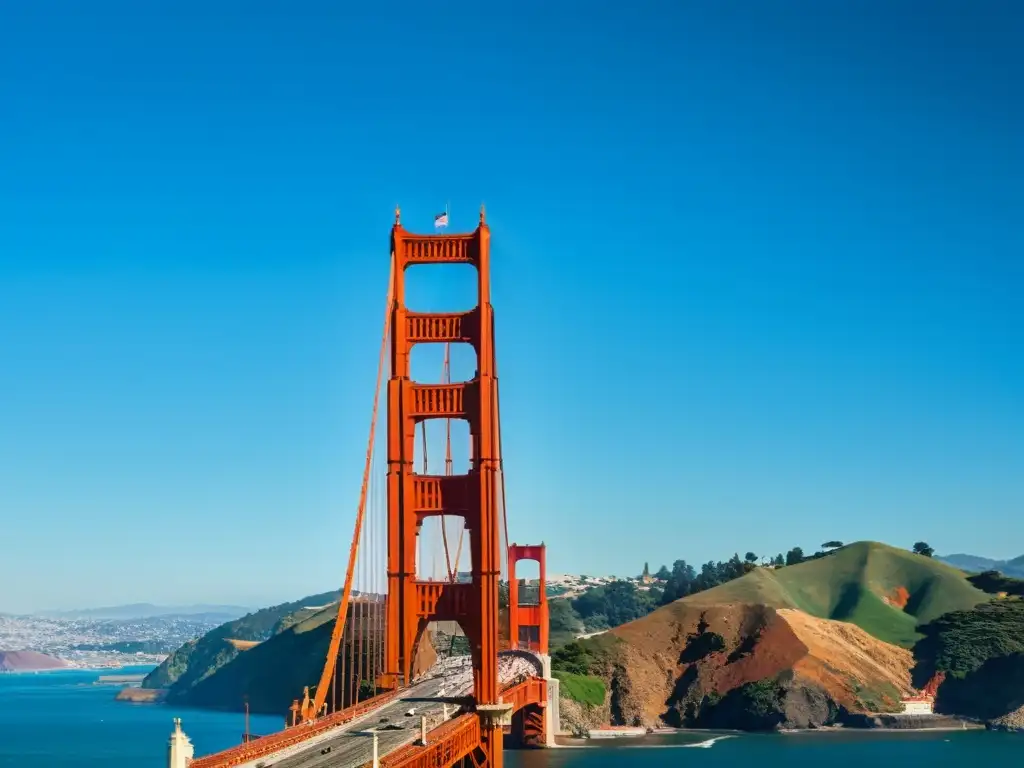 El icónico Puente Golden Gate en San Francisco, California, destaca en rojo y naranja sobre el intenso azul del océano y el cielo despejado