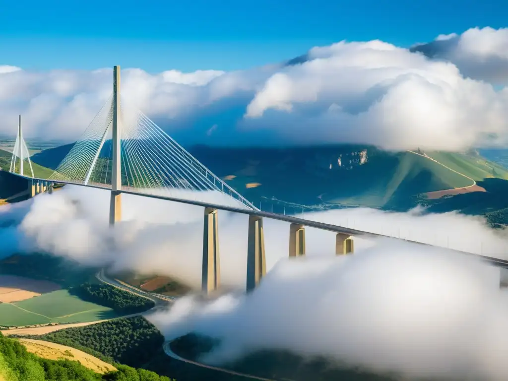 El icónico Viaducto de Millau se eleva sobre las nubes, mostrando su impacto cultural en un paisaje monumental y majestuoso en el sur de Francia