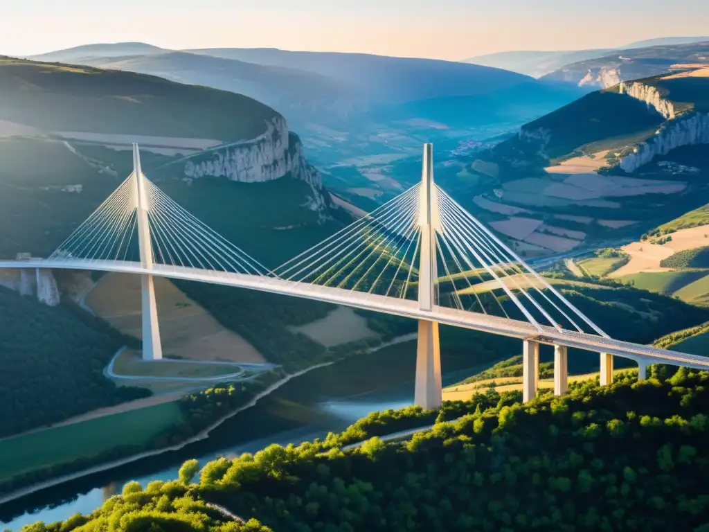 El icónico Viaducto de Millau se eleva sobre el Valle del Tarn al atardecer, mostrando su arquitectura y diseño en contraste con la naturaleza