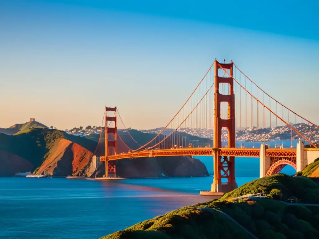 El icónico Puente Golden Gate de San Francisco en un vibrante atardecer, simboliza la fortaleza y unidad de la ciudad