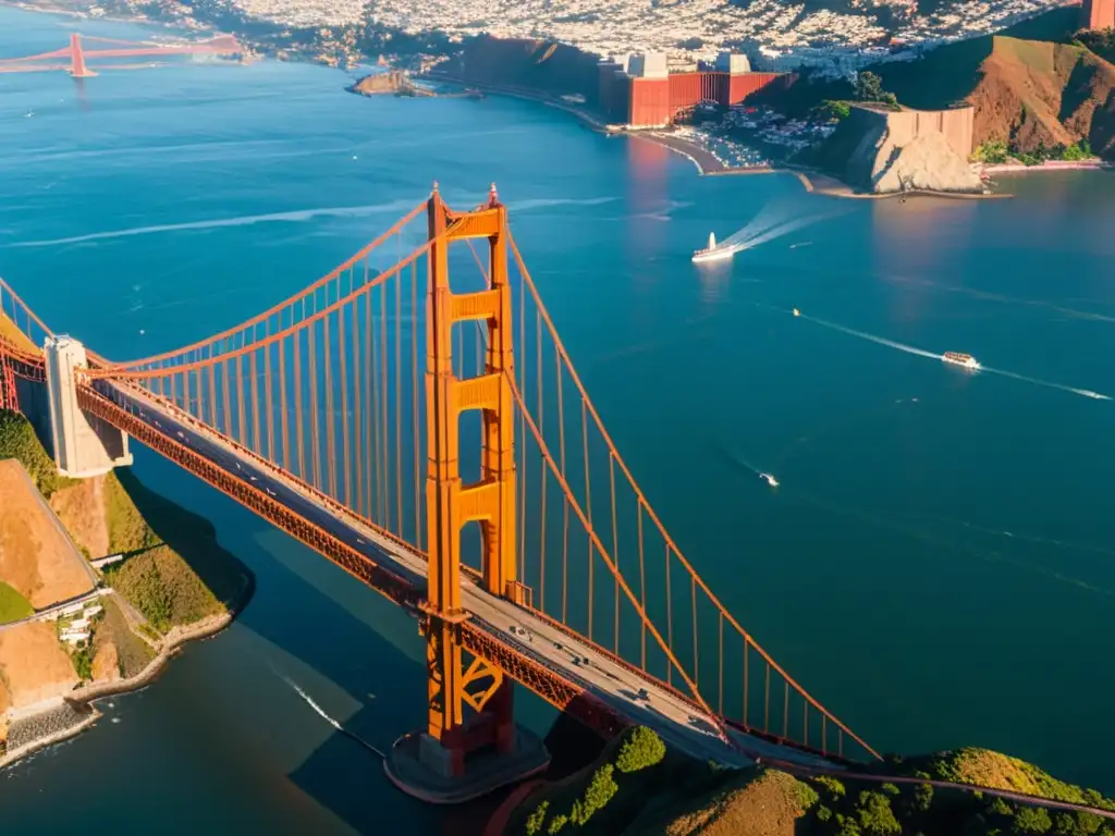 Imagen aérea del Puente Golden Gate al atardecer, reflejando historia, arquitectura y cultura de puentes icónicos