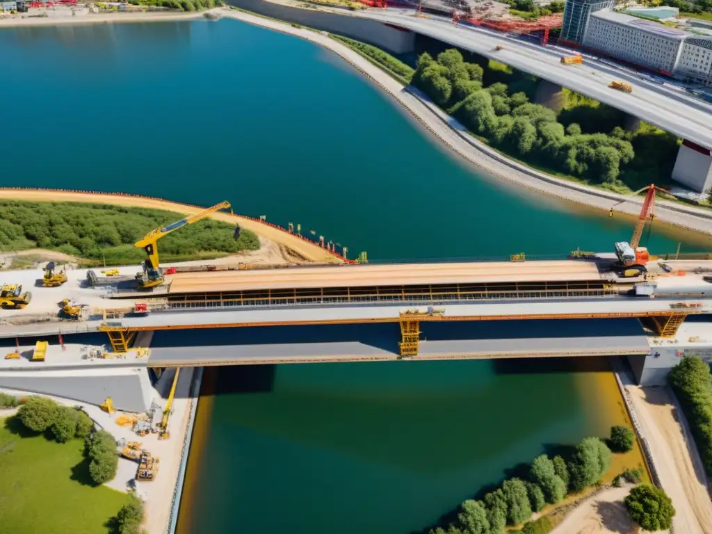 Imagen aérea detallada de construcción de puente moderno, destacando la complejidad de la ingeniería y el uso de software simulación puentes ingeniería