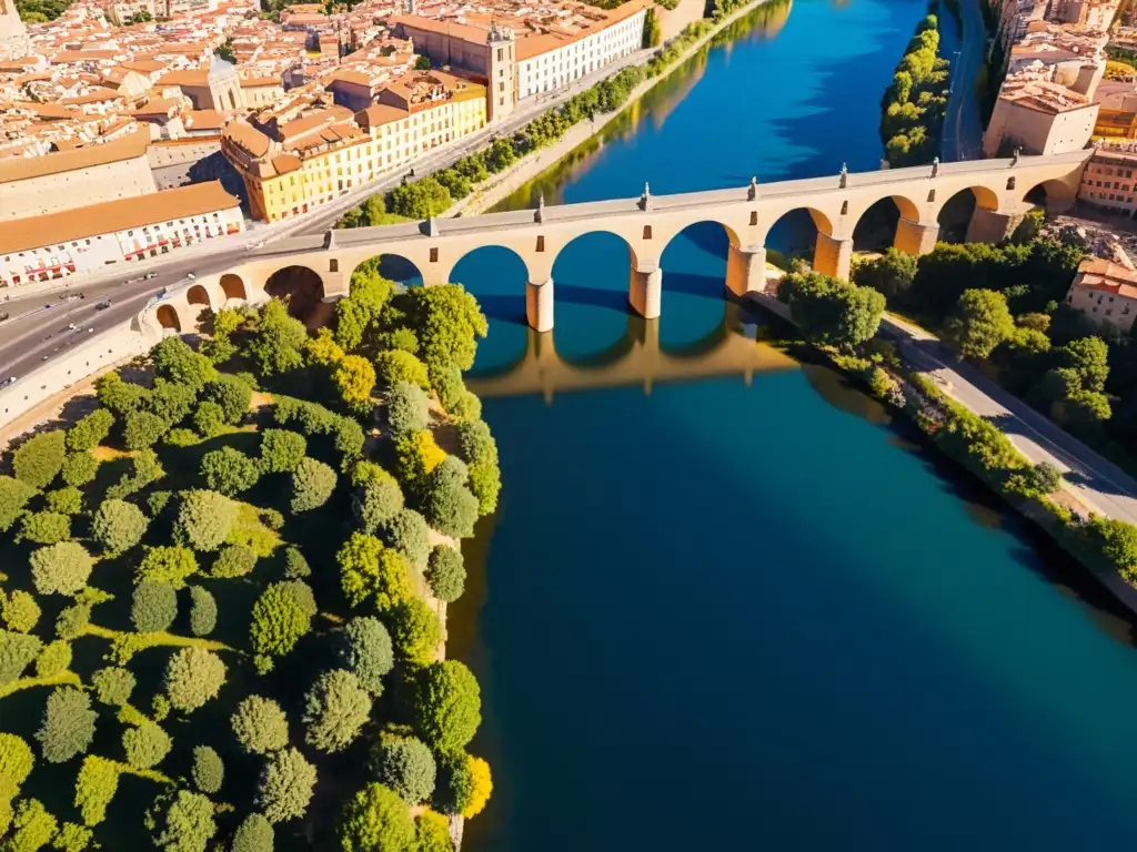 Imagen aérea detallada del Puente de Segovia, resaltando su arquitectura romana, historia y grandiosidad, con juego de sombras y reflejos en el río