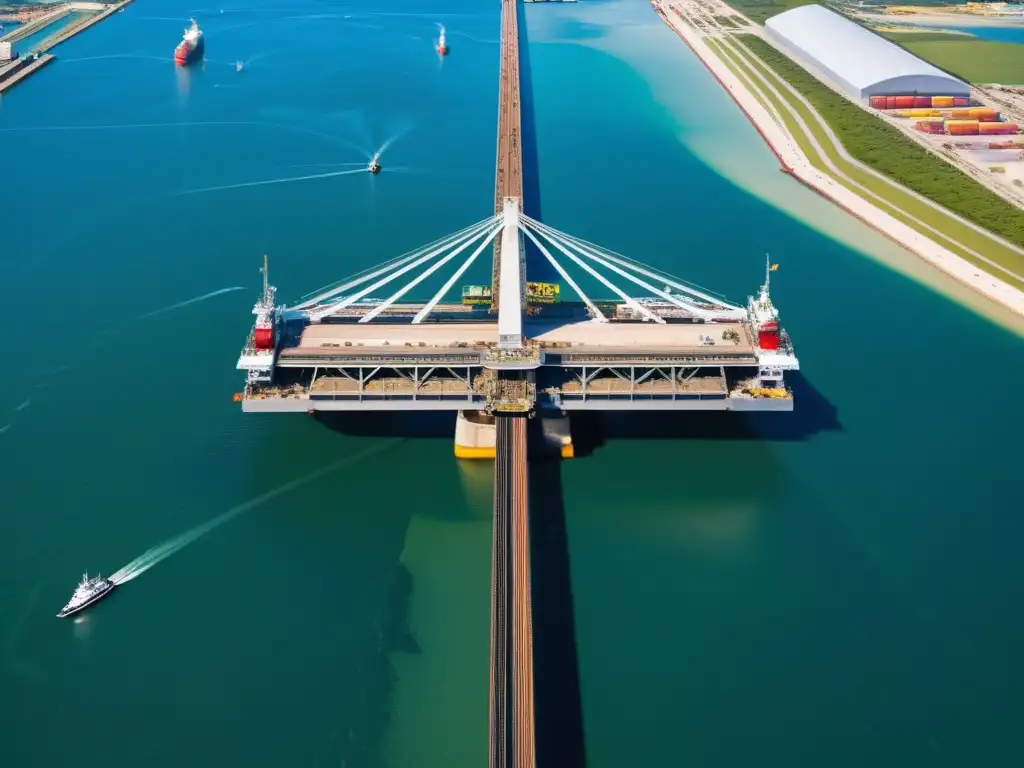 Imagen aérea detallada de un puente levadizo en acción, resaltando la tecnología del siglo XXI y la maquinaria en funcionamiento