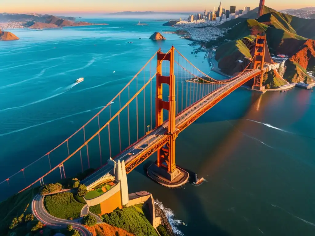 Imagen aérea del icónico Puente Golden Gate al atardecer, mostrando su arquitectura y cables de suspensión, con la ciudad y el océano en el horizonte