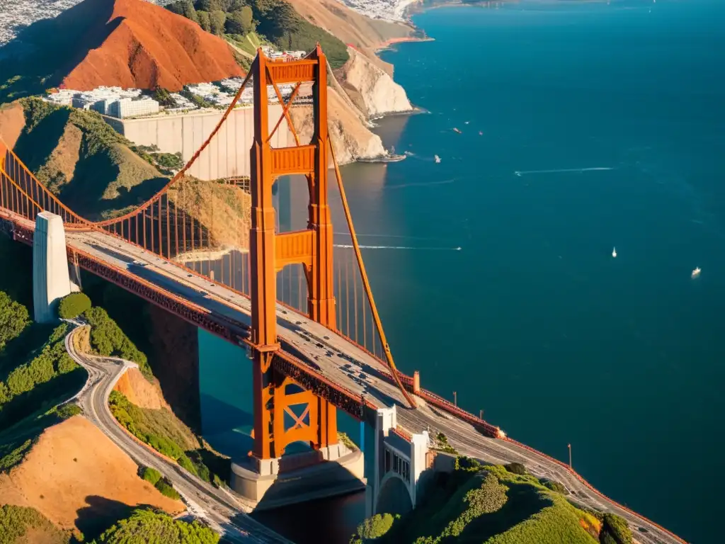 Imagen aérea de alta resolución del icónico Puente Golden Gate en San Francisco, resaltando sus cables de suspensión rojo-anaranjados y las técnicas constructivas innovadoras que lo convierten en un puente icónico