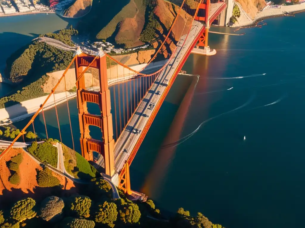 Imagen aérea del icónico puente Golden Gate en San Francisco, bañado por la cálida luz dorada del atardecer