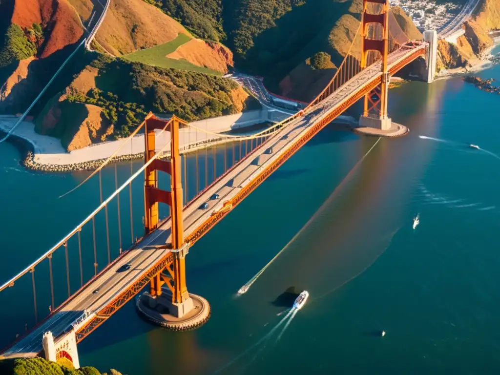 Imagen aérea del icónico Puente Golden Gate en San Francisco, bañado por la cálida luz dorada del atardecer