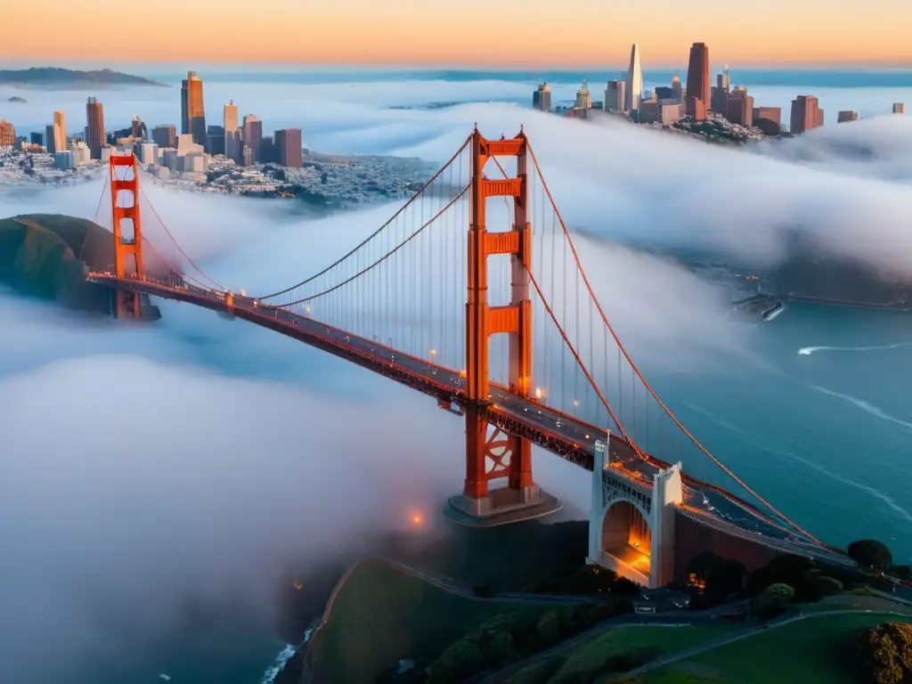 Imagen aérea del icónico puente Golden Gate en San Francisco, envuelto en una densa niebla, con la ciudad de fondo