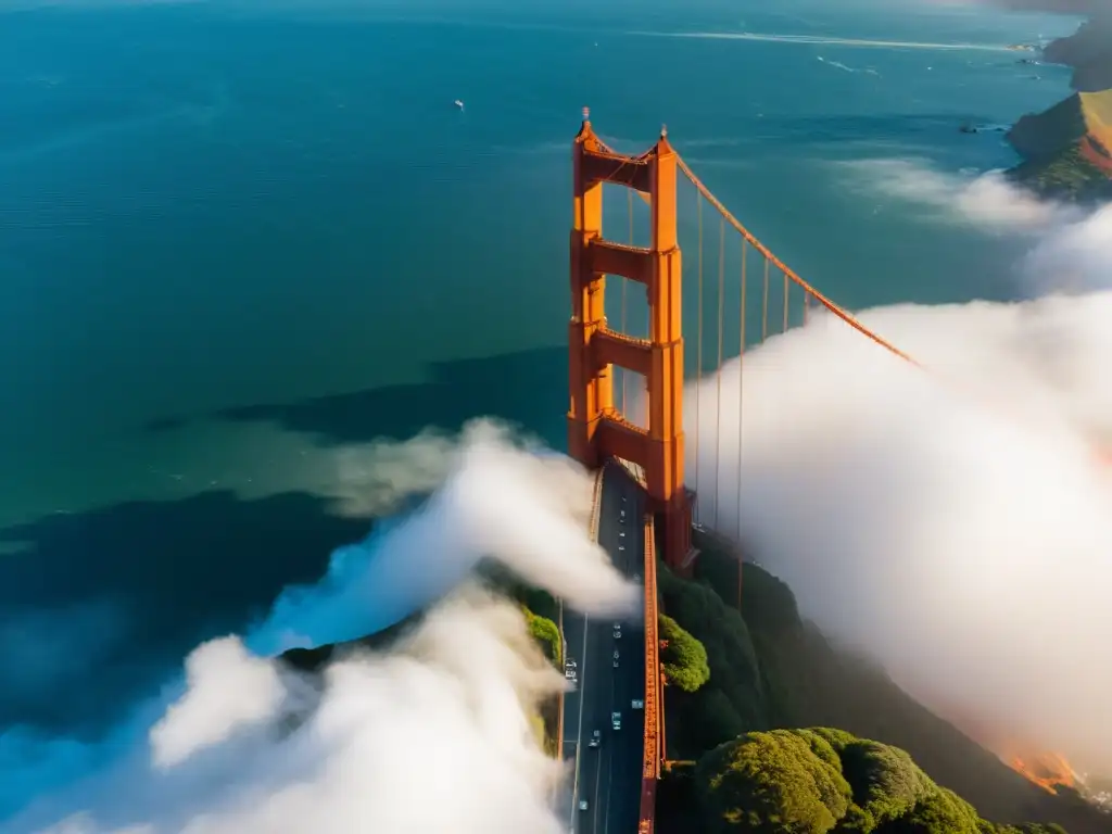 Imagen aérea del icónico Puente Golden Gate envuelto en neblina, con el sol iluminando la estructura en tonos cálidos