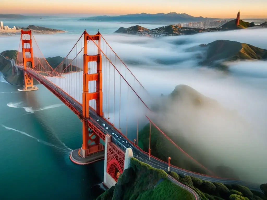 Imagen aérea del icónico Puente Golden Gate envuelto en la niebla, resaltando su estructura roja sobre las aguas tranquilas de la bahía