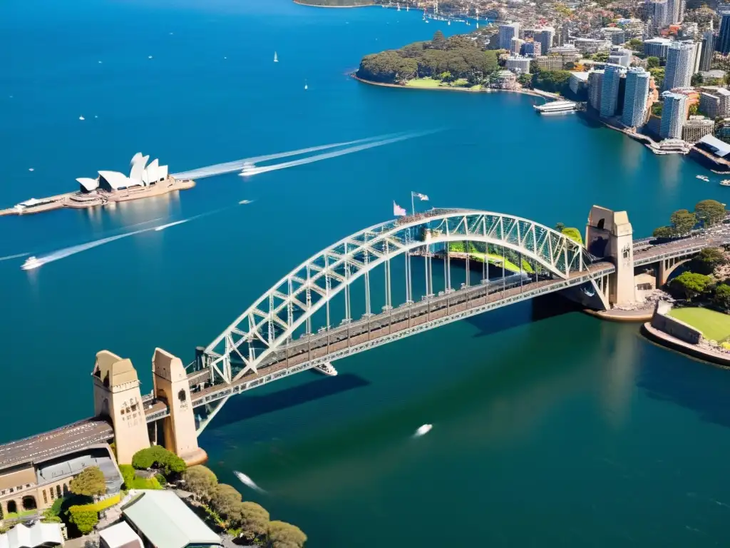 Imagen aérea del icónico Puente de la Bahía de Sídney, destacando su grandiosidad arquitectónica y la integración en el paisaje urbano