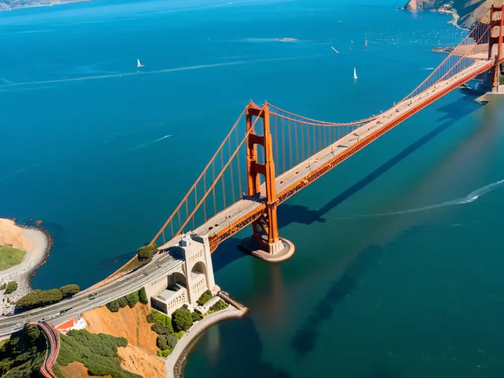 Imagen aérea impactante del icónico Puente Golden Gate en San Francisco, resaltando su impacto cultural como uno de los puentes más icónicos del mundo