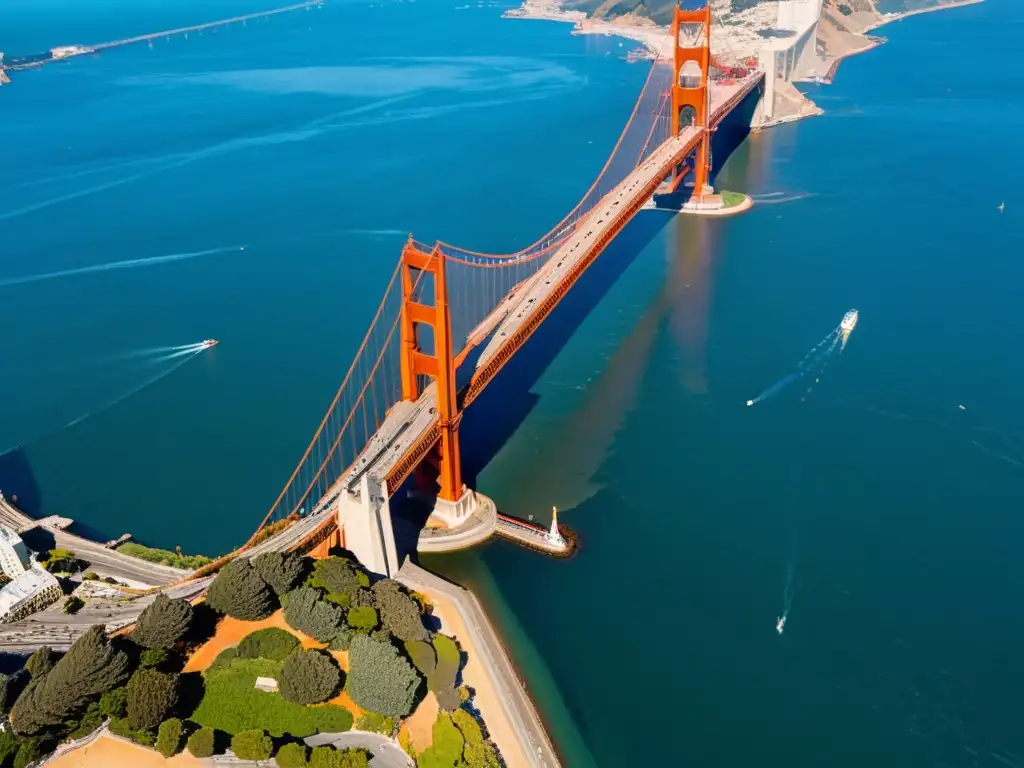 Imagen aérea impactante del icónico puente Golden Gate en San Francisco, resaltando su impacto cultural como uno de los puentes icónicos del mundo