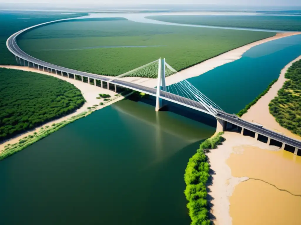 Imagen aérea impactante de puente adaptativo sobre río, con contrastes entre regiones por cambio climático