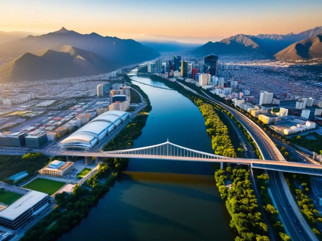 Imagen aérea del impresionante Puente de la Unidad Monterrey sobre el río Santa Catarina, capturando la moderna arquitectura y el bullicioso paisaje urbano