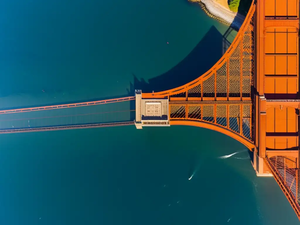 Imagen aérea del impresionante puente icónico, mostrando su estructura de acero y concreto en tono rojo anaranjado, sobre la bahía de San Francisco