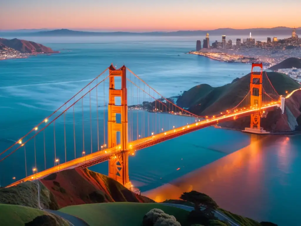 Imagen aérea del Puente Golden Gate al amanecer en San Francisco, reflejando su influencia en la cultura urbana