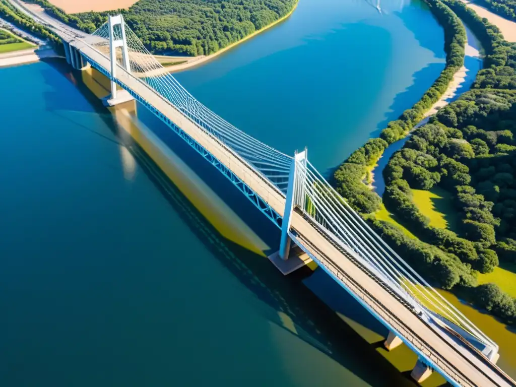 Imagen aérea de un majestuoso puente sobre un amplio río, destacando la arquitectura impresionante y su integración armoniosa con el entorno natural