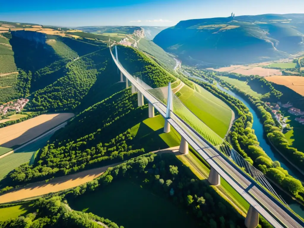 Imagen aérea del majestuoso Viaducto de Millau, destacando su arquitectura e historia en un entorno natural impresionante