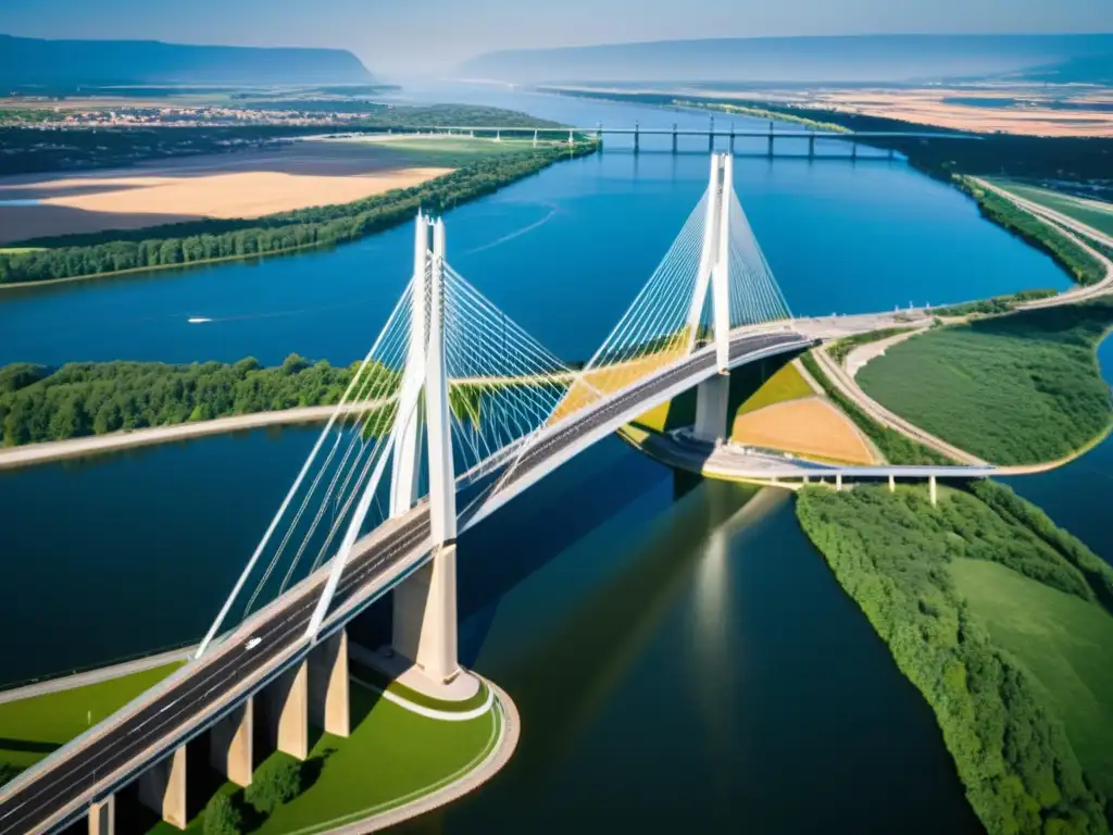 Imagen aérea de un puente atirantado moderno cruzando un río, destacando su diseño geométrico y la conexión con la sostenibilidad