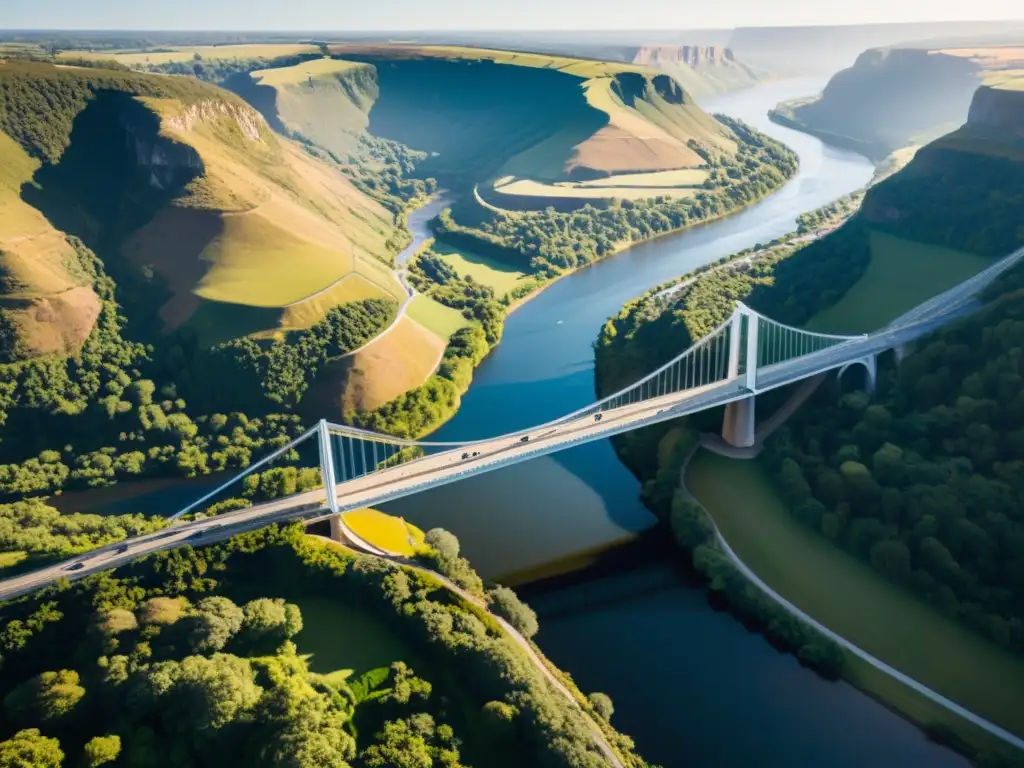 Imagen aérea de un puente icónico, mostrando su diseño arquitectónico, la interacción de forma y función, y su importancia en la arquitectura moderna