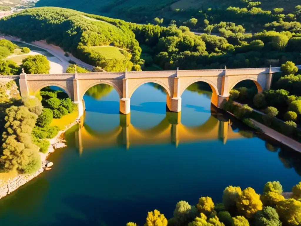 Imagen aérea de alta resolución del Puente de Alcántara en España, resaltando su impacto sociocultural y belleza atemporal