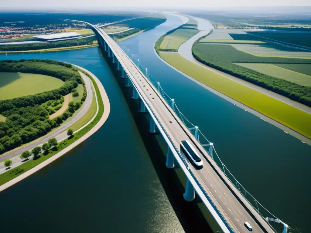 Imagen aérea de un puente innovador en 3D sobre un río, destacando su diseño arquitectónico avanzado y su impacto en el desarrollo urbano moderno