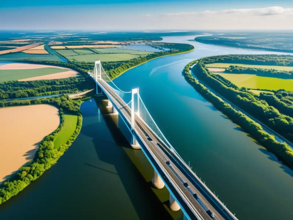 Imagen aérea de un puente moderno y elegante que cruza un río ancho, destacando la ingeniería de puentes icónicos en el mundo