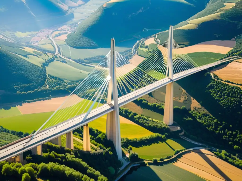 Imagen aérea de alta resolución del impresionante Viaducto de Millau en Francia, destacando su diseño icónico y su ingeniería estructural