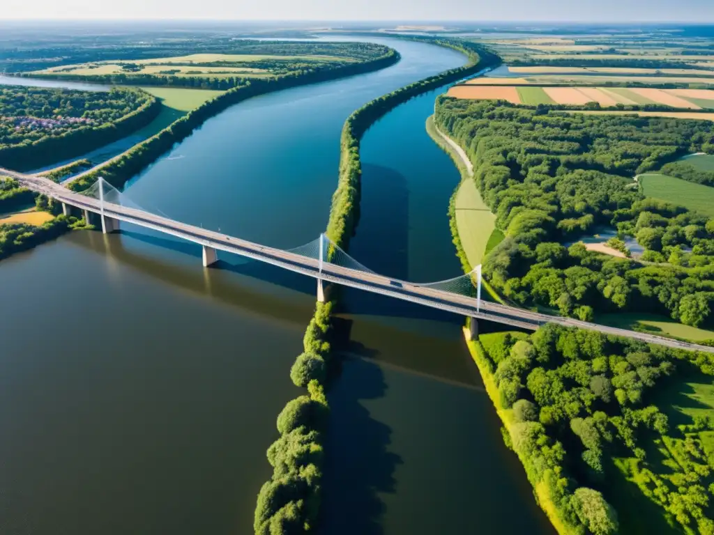 Una imagen aérea de alta resolución muestra un moderno puente sobre un ancho río, rodeado de exuberante vegetación