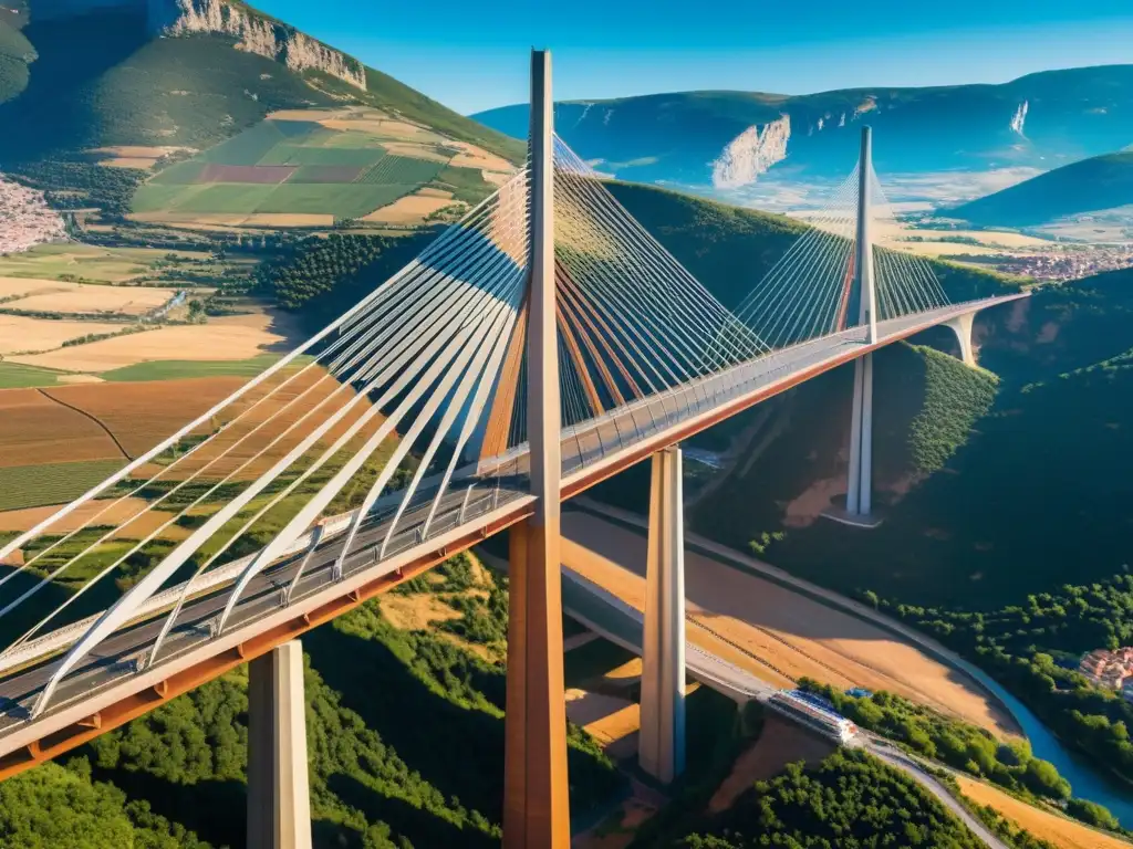 Imagen en alta definición del icónico Viaducto de Millau en Francia, mostrando el acero CORTEN en su estructura, resaltando tonos oxidados y texturas