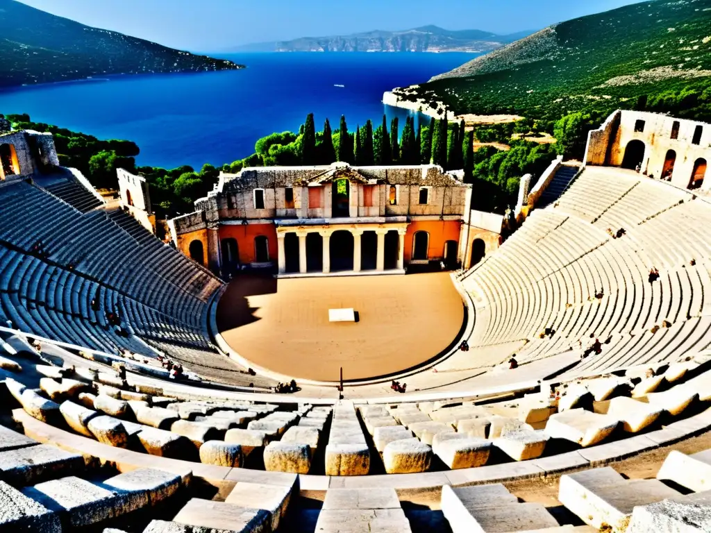 Imagen de alta resolución del antiguo teatro griego de Epidauro, con su diseño arquitectónico y acústica impresionante