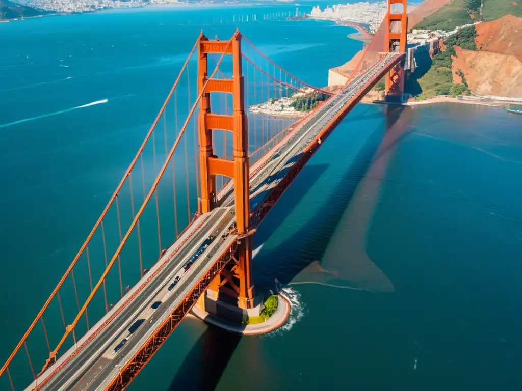 Imagen en alta resolución del puente Golden Gate que destaca su color rojo anaranjado contra el azul del agua y el cielo, mostrando la dinámica de fluidos en puentes