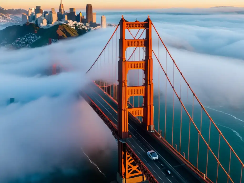 Imagen en alta resolución de Realidad Aumentada Puentes Icónicos: el Puente Golden Gate envuelto en niebla, con la silueta de la ciudad al fondo