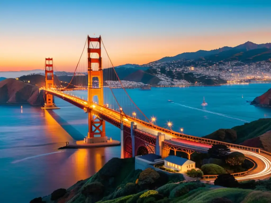 Imagen de alto detalle del icónico Puente Golden Gate de San Francisco al atardecer, resaltando su arquitectura y la belleza del cielo