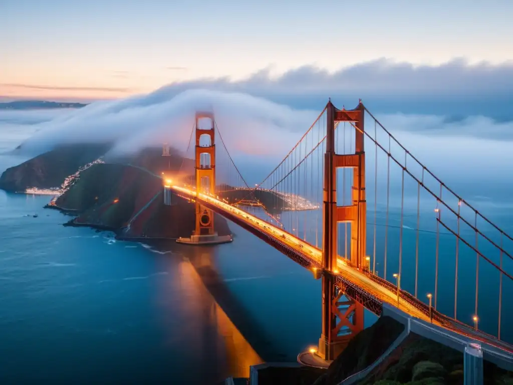 Imagen de un amanecer neblinoso en el icónico Puente Golden Gate de San Francisco, con detalles en alta resolución