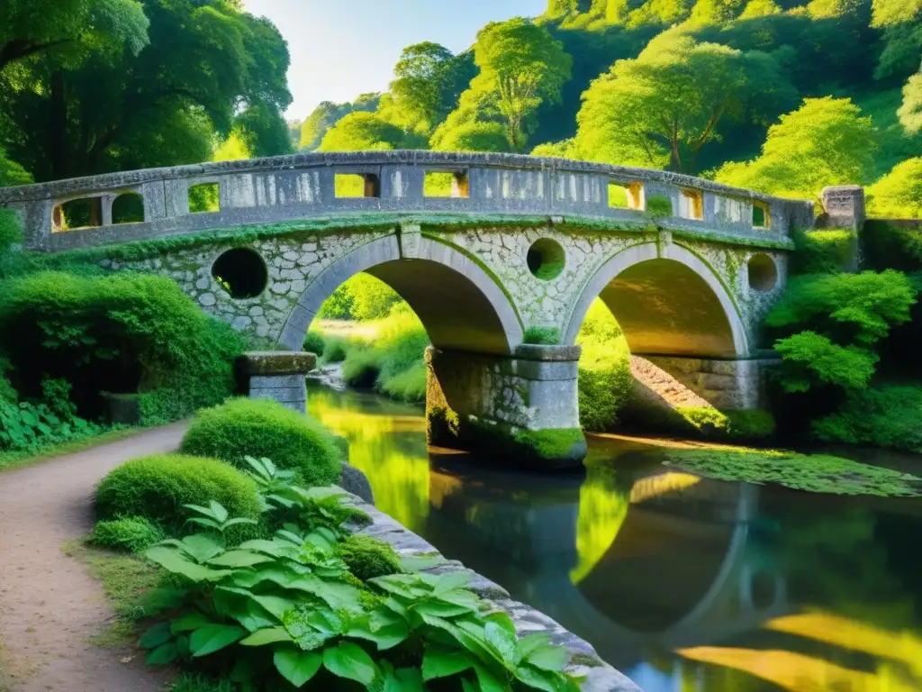 Imagen de un antiguo puente de piedra cubierto de musgo y rodeado de exuberante vegetación, bañado por la luz del sol