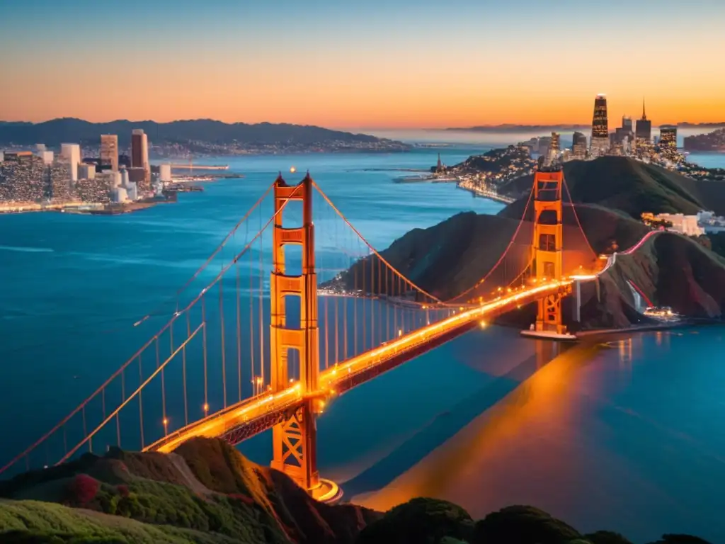 Imagen de atardecer en el icónico Puente Golden Gate de San Francisco, destacando su arquitectura icónica y su significado cultural