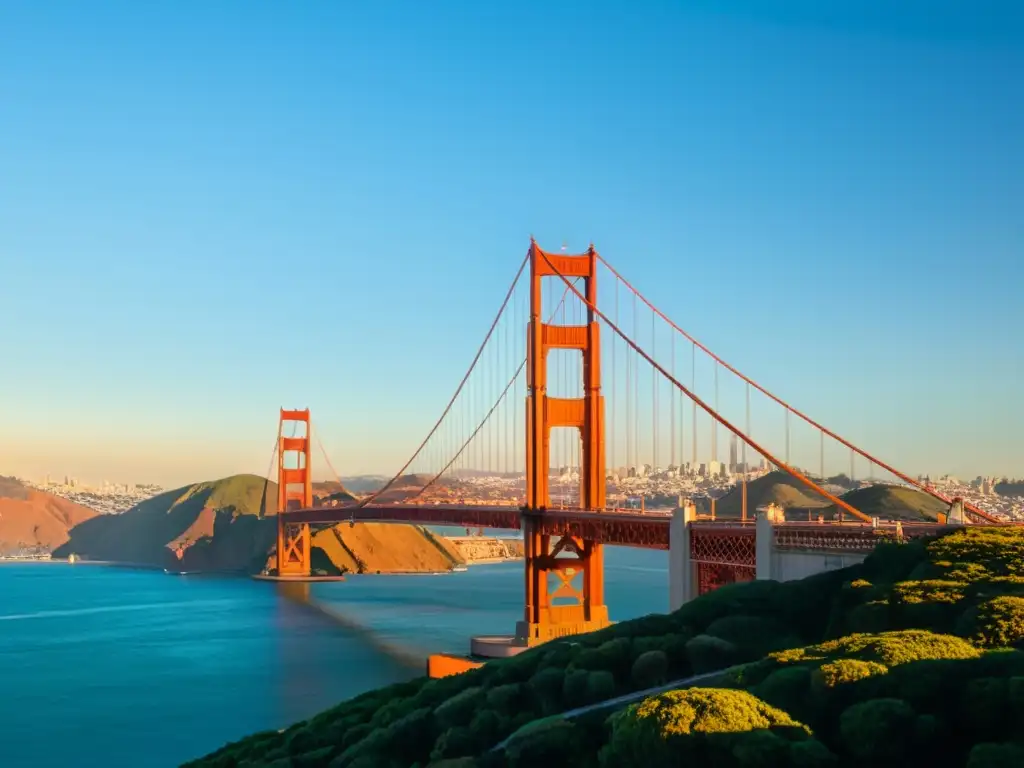 Imagen de alta resolución del Puente Golden Gate al atardecer, reflejado en el agua, destacando técnicas avanzadas fotografía puentes icónicos