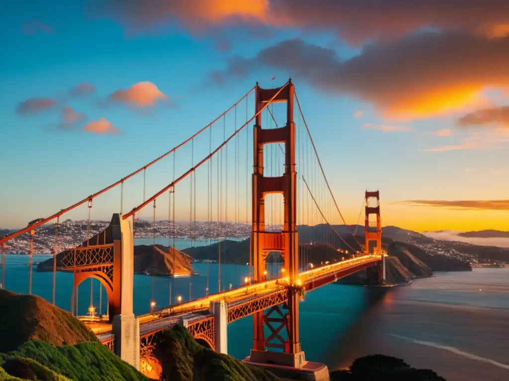 Imagen de un atardecer vibrante con el Puente Golden Gate en San Francisco destacando sus detalles arquitectónicos