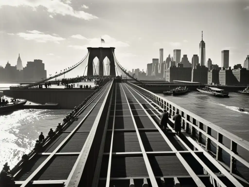 Imagen en blanco y negro de la construcción del puente de Brooklyn en la década de 1800, mostrando la intrincada red de cables de acero y trabajadores laborando sobre el río Este