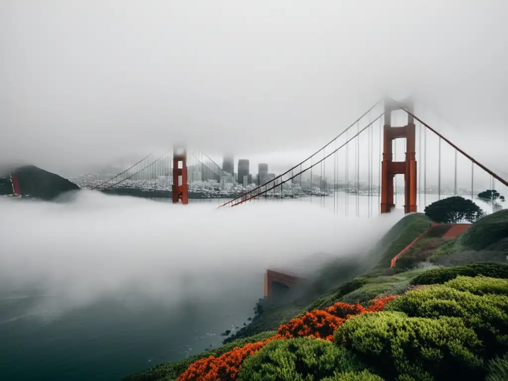 Imagen en blanco y negro del puente Golden Gate envuelto en densa niebla, con torres rojo anaranjadas apenas visibles