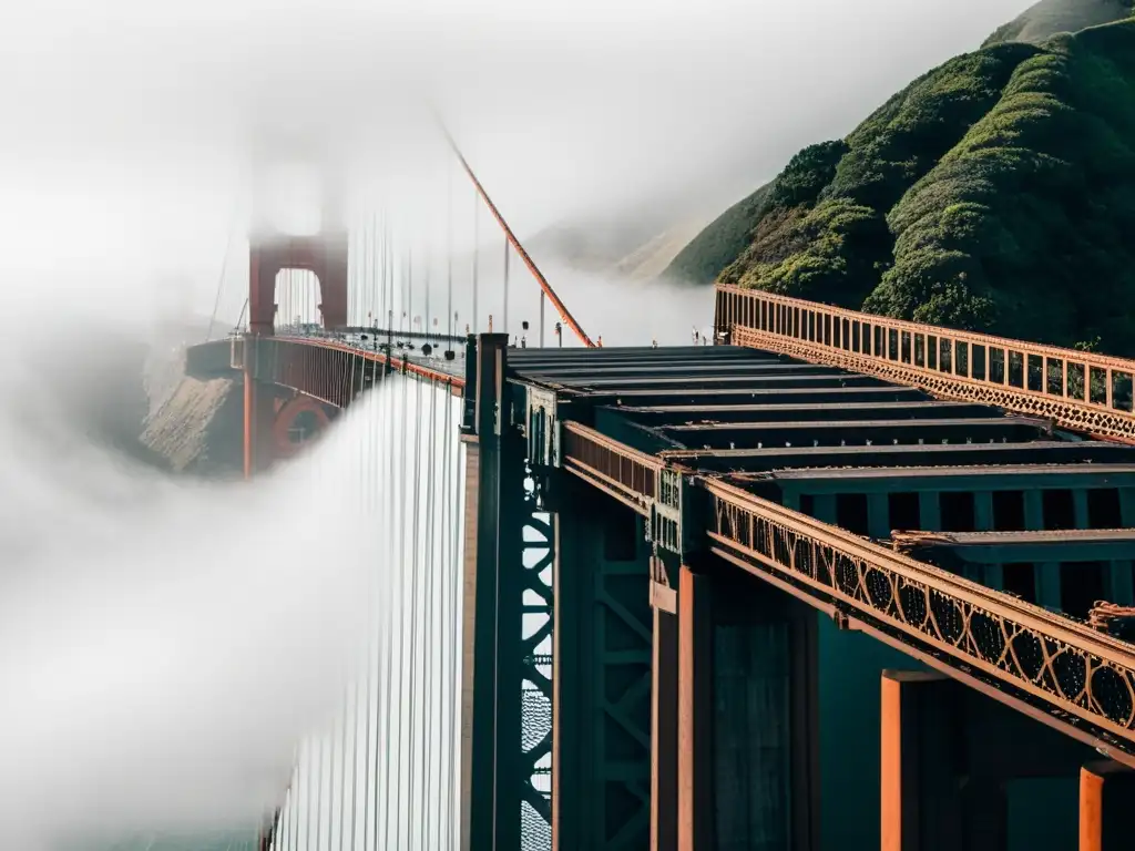 Imagen en blanco y negro del icónico Puente Golden Gate en San Francisco, con detalles de su estructura de acero y cables de suspensión